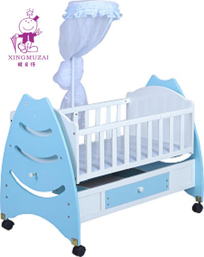 Light blue baby crib with mosquito net for baby good sleeping