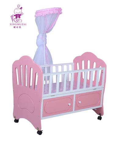 Pink wood baby bed, modern wooden baby crib for children